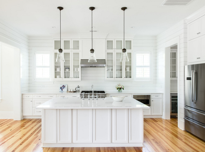 White Farmhouse Kitchen with floor-to-ceiling shiplap