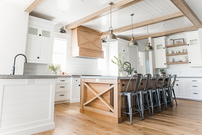 Kitchen ceiling features White Oak beams and tongue and groove