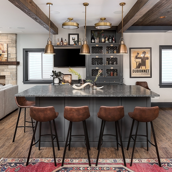Transitional Farmhouse Bar with beams and reclaimed tongue and groove ceiling Bar Basement Beams Ceiling Reclaimed Wood