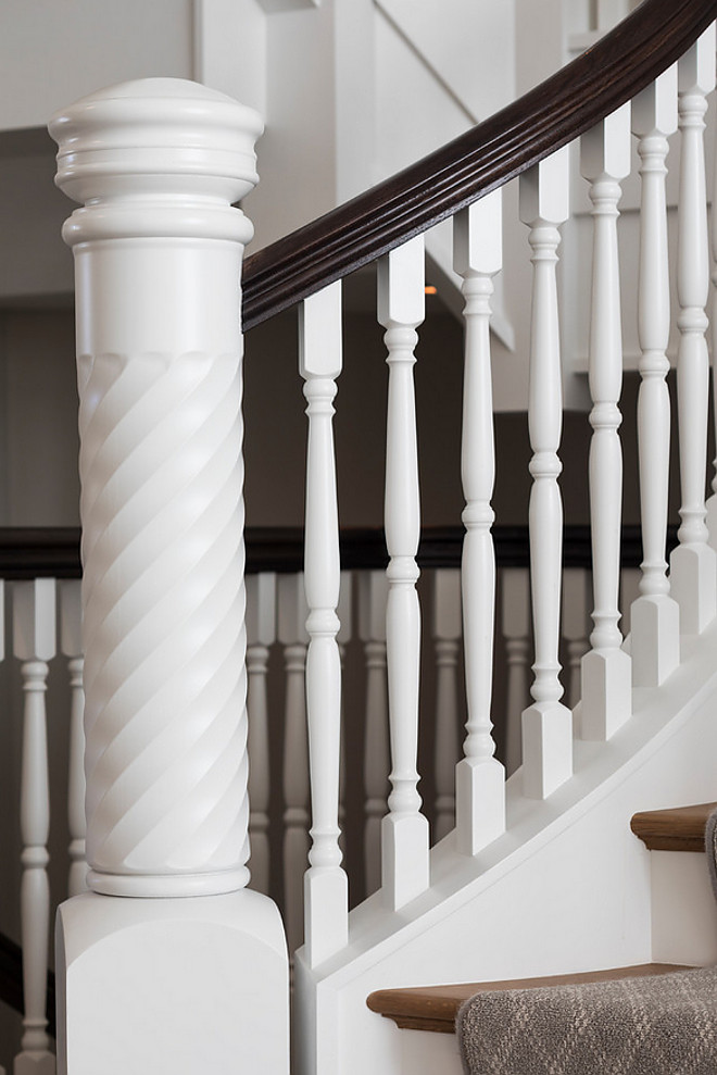 Chantilly Lace by Benjamin Moore Staircase Newel post and spindles paint color Chantilly Lace by Benjamin Moore Chantilly Lace by Benjamin Moore