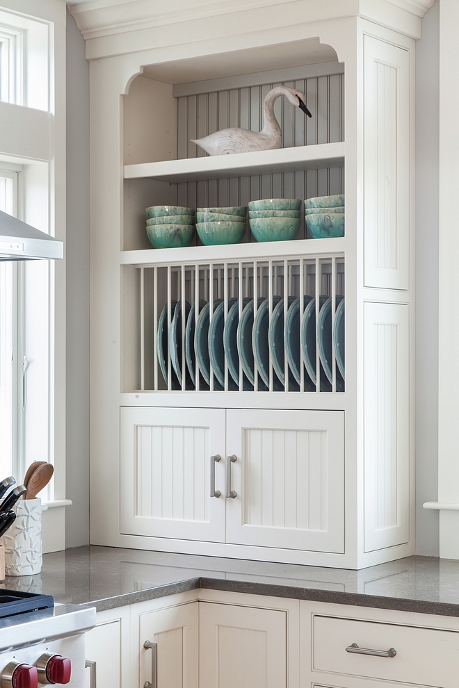 Kitchen plate rack cabinet Tall plate rack cabinet Beach White painted maple exterior and Pewter with black glaze interior