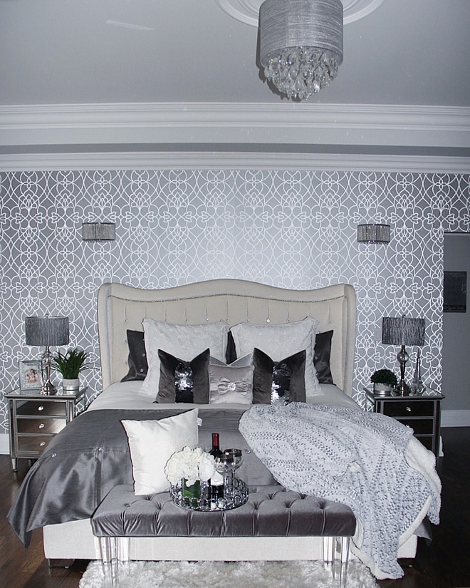 shimmering metallic wallpaper A feature wall can make a serious style statement I chose a textured, shimmering metallic design from Crown Wallpaper which adds just the right amount of glam in our master bedroom