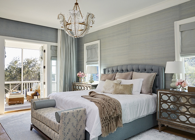 Beautiful master bedroom with blue-grey color scheme