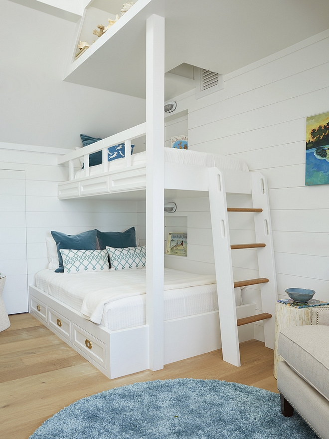 White bunk room with crisp white shiplap and teal decor White bunk room with crisp white shiplap and teal decor White bunk room with crisp white shiplap and teal decor #Whitebunkroom #crispwhiteshiplap #shiplap