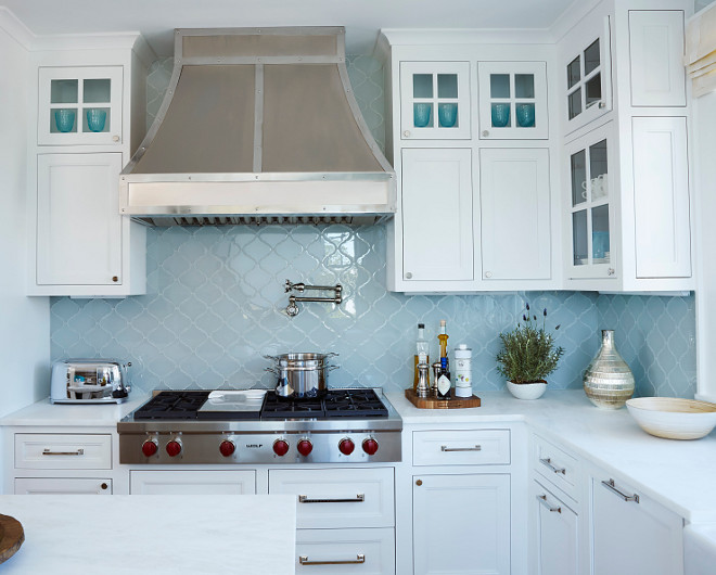 Kitchen Blue backsplash Blue Quatrefoil tile White kitchen Blue backsplash #BlueBacksplash