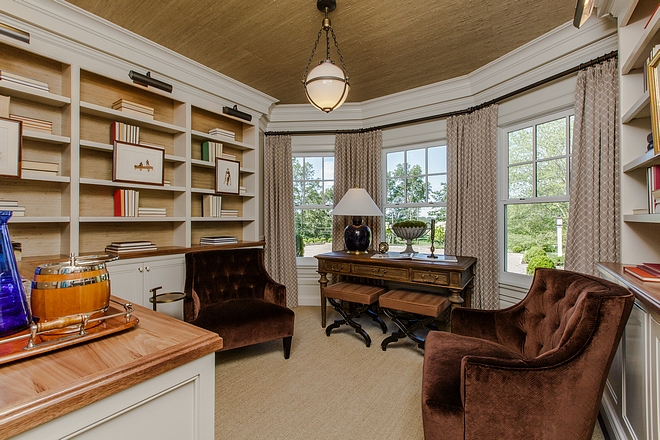 Study with bay windows and ceiling wallpaper