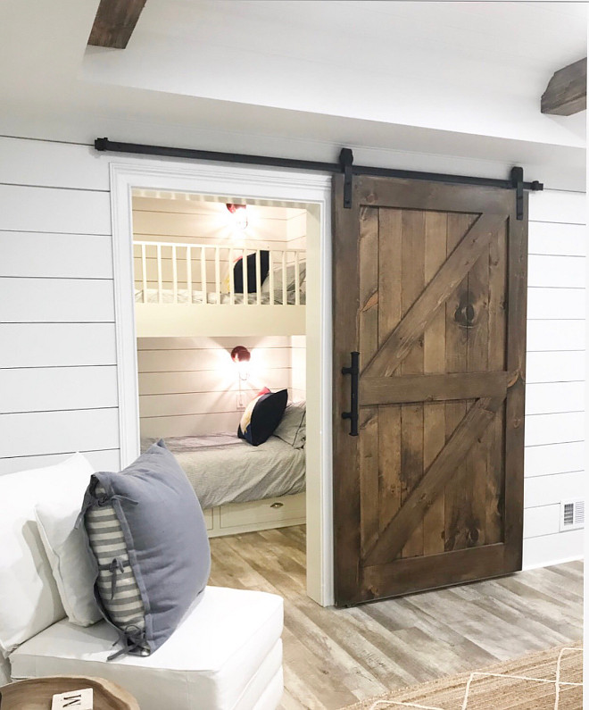 Small Bunk Room Ideas Custom Bunk beds in closet bunk beds small spaces The custom barn door opens to an adorable bunk room with shiplap