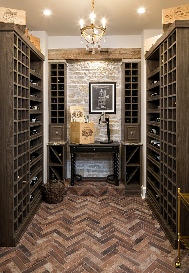 Wine room Herringbone Brick flooring Paint color Edgecomb Gray by Benjamin Moore 