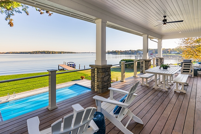Deck with backyard pool and lake views