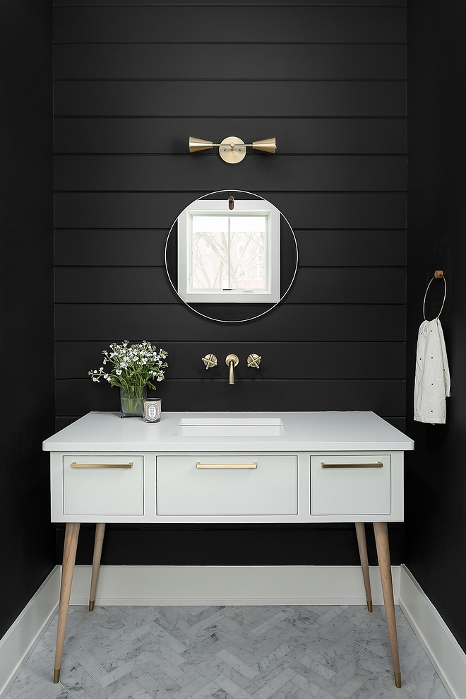Benjamin Moore Black Jack 2133-20 Bathroom features a custom Mid-century inspired vanity and black shiplap walls painted in Benjamin Moore Black Jack 2133-20