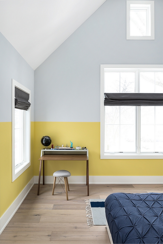 Two Toned walls Two toned bedroom wall paint colors Bottom part is painted in Benjamin Moore Oh She Glows and top is Farrow and Ball Blackened