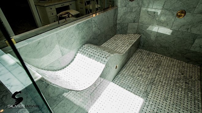 Shower Bench features Bianca Carrara basketweave pattern