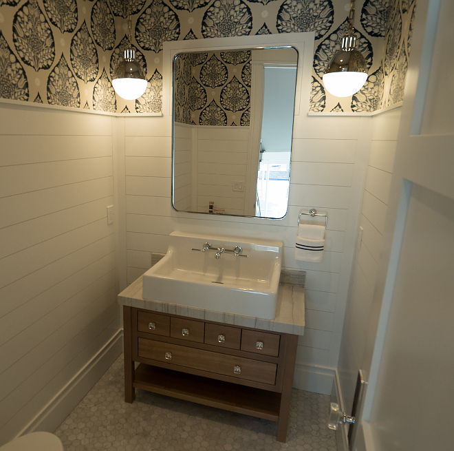 Farmhouse Bathroom with half wall shiplap White Oak vanity and Hicks pendants