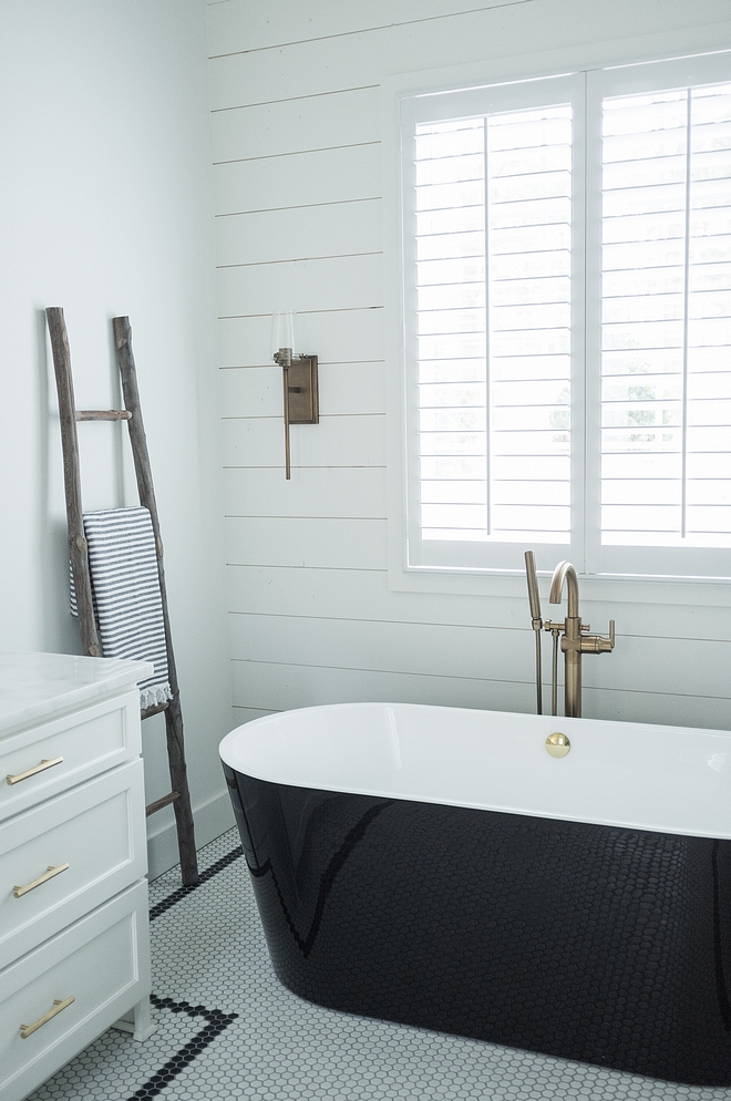 Farmhouse Bathroom Farmhouse bathroom with shiplap and black and white hex floor tile hex tile sources on Home Bunch