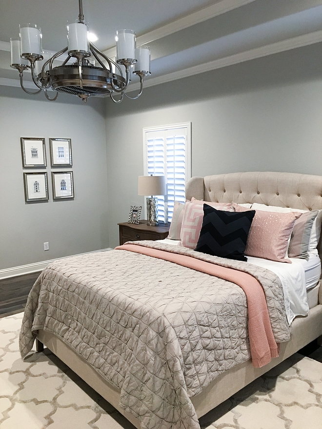 The master bedroom features a gray paint color Sherwin Williams Repose Gray