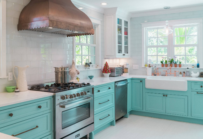 Turquoise kitchen with white glass subway tile Turquoise kitchen with white glass subway tile