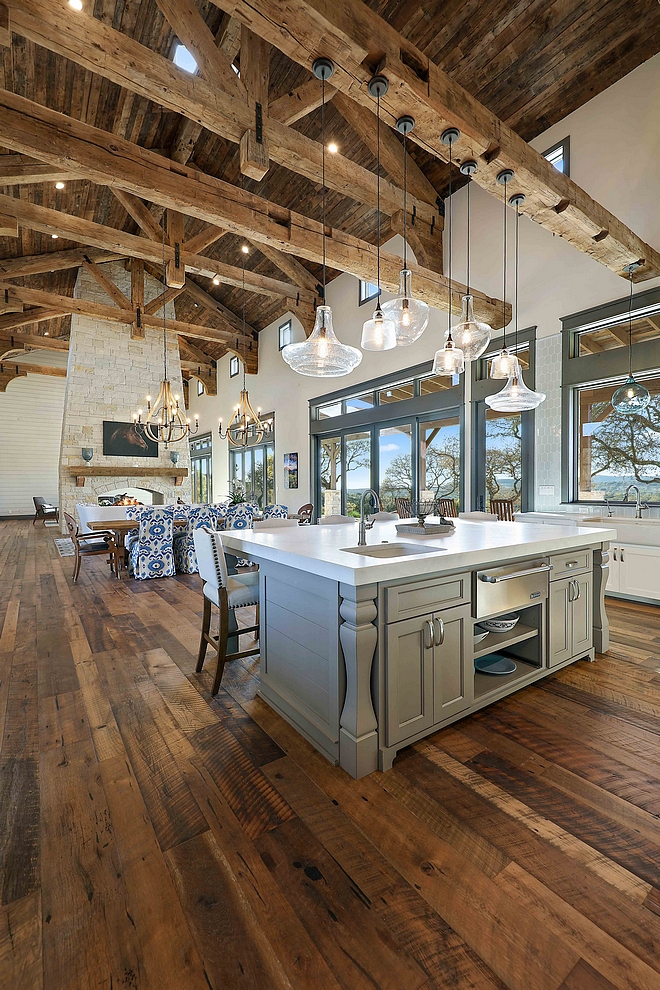 Reclaimed Beams Rafters Joints Trusses Kitchen and Great Room with Vaulted Ceiling featuring Barn Wood Shiplap #ReclaimedBeams #Rafters #RafterJoints #Trusses