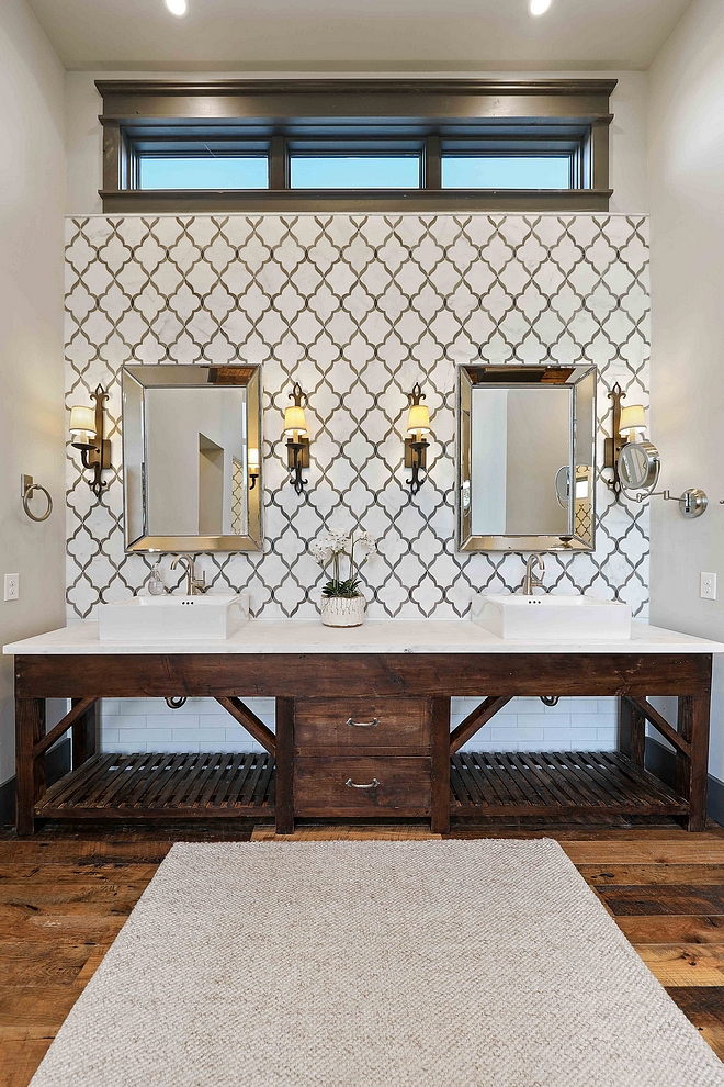 Bathroom features Walker Zanger tile and an antique vanity base cabinet Bathroom features Walker Zanger tile and an antique vanity base cabinet #Bathroom # WalkerZangertile #antiquevanity #rusticcabinet