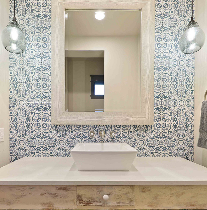Bathroom with Blue and White Cement Tile