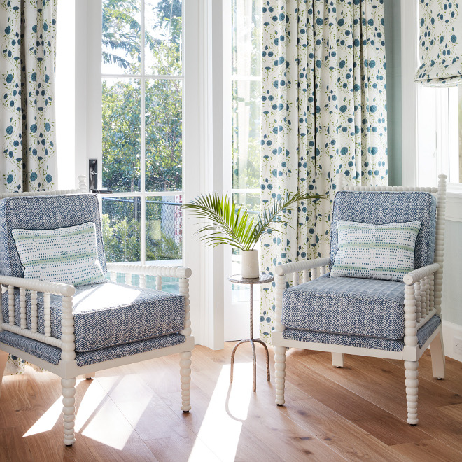 Blue and white chairs Curtain Fabric Alex Conroy’s Jaipur Solid Petals in Colorway Sky Blue and white fabric #blueanwhitefabric #fabric #blueandwhite