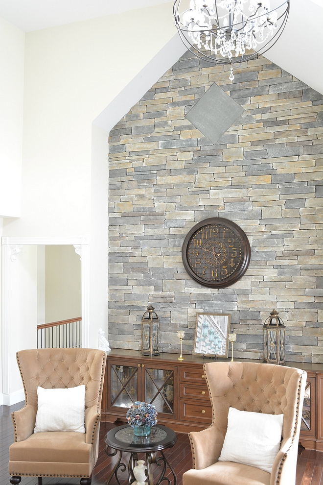 Accent Wall - when you can't have a fireplace you can add a stone accent wall with built-ins The stone on the wall is by Boral and is called Echo Ridge