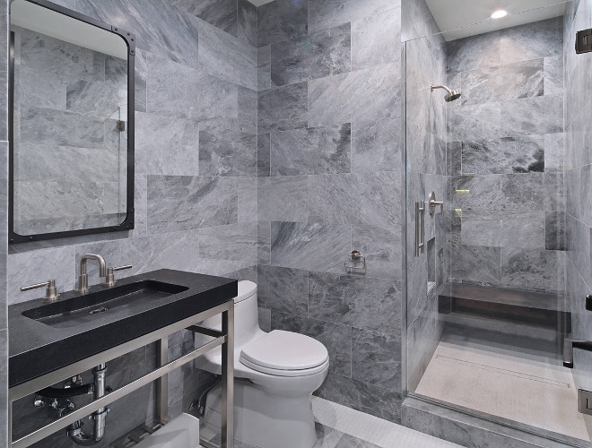 Grey Wall Tile Bathroom Grey Wall Tile Grey Tile Mission Tile Gtigio Verona, Gray Honed 12x24 Bathroom features a washstand with cement sink