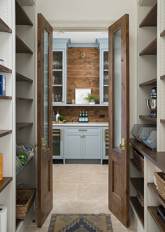 Pantry with Double Doors open directly to butlers pantry and kitchen #pantry #pantrydoubledoors #butlerspantry
