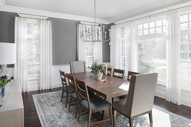 Dining Room Grey Walls Dining Room with grey grasscloth wallpaper grey and white ru and sheer curtain #diningroom #greywalls #greygrasscloth #diningrooms