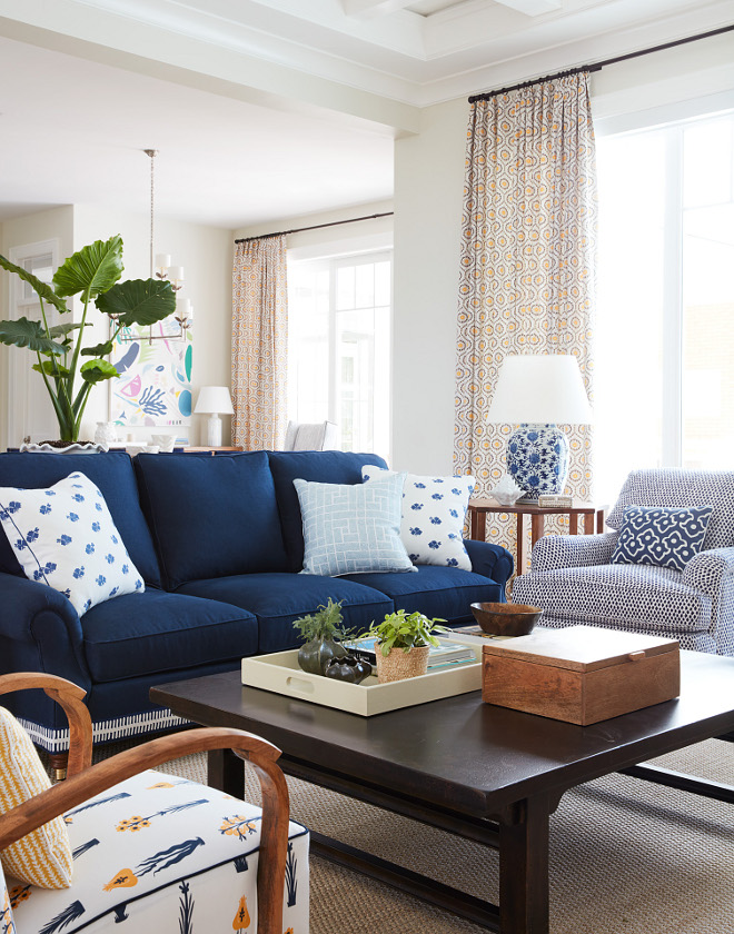Living Room Blue and White Pillows