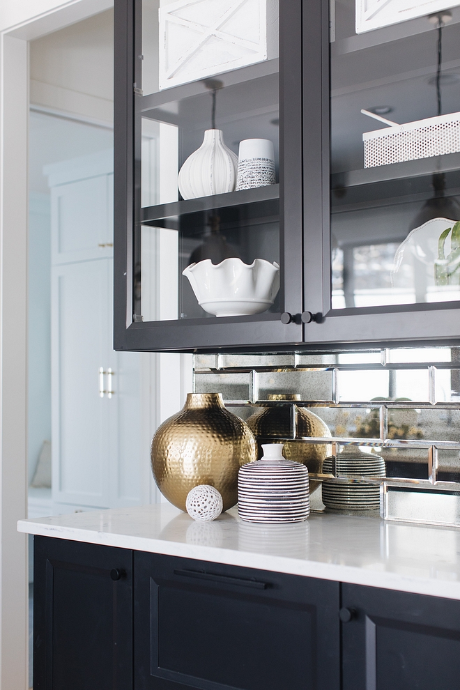 Sherwin Williams TriCorn Black hutch with Beveled Mirror Subway Tile sources on Home Bunch