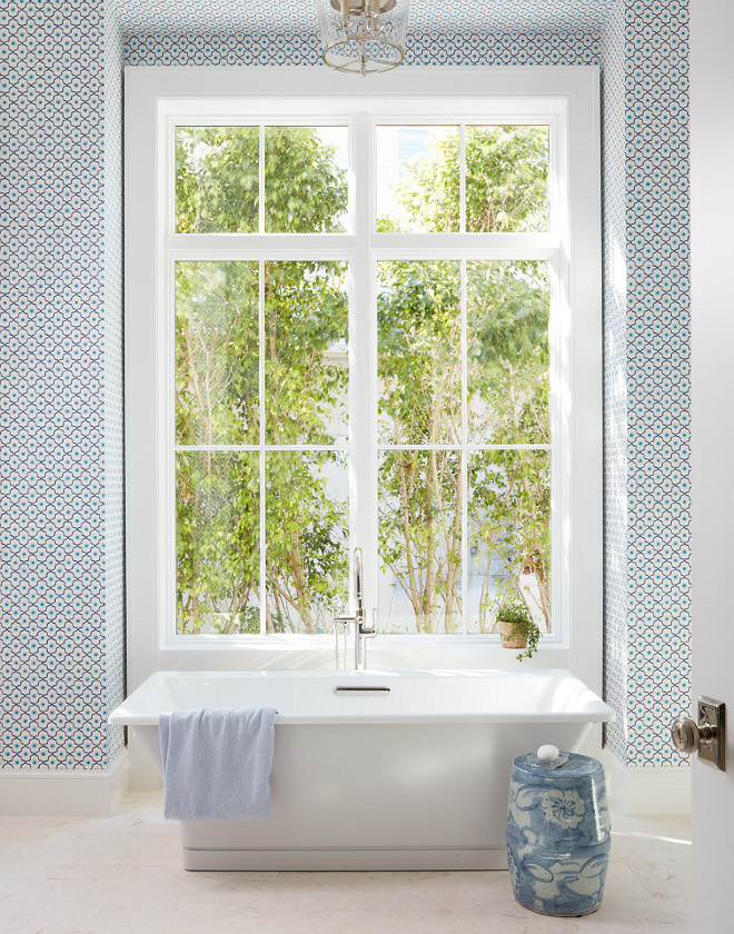 Master Bathroom Blue and White Wallpaper