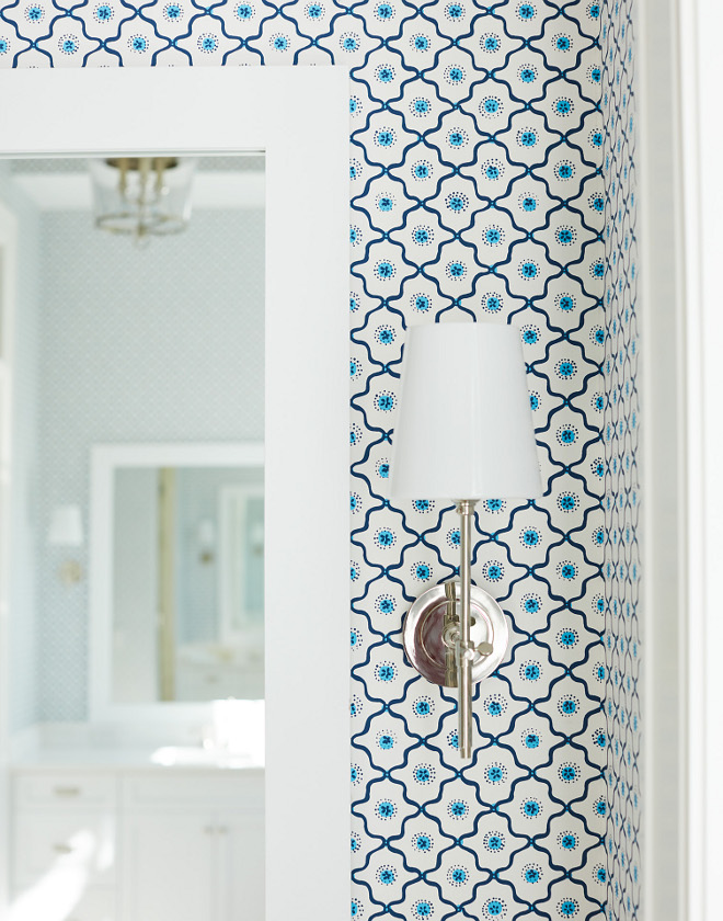 Bathroom Sconces Wallpaper is Quadrille Long Fellow #bathroom #sconces #wallpaper #blueandwhite