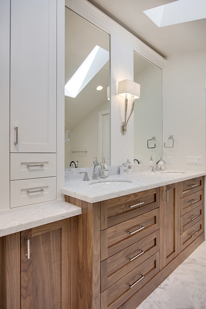 Bathroom Cabinet Bathroom Cabinet Details Walnut base with clear finish and Benjamin Moore White Dove above for the mirror surrounds and cabinet #BathroomCabinet #Bathroom #WalnutCabinet #Bathrooms #cabinet