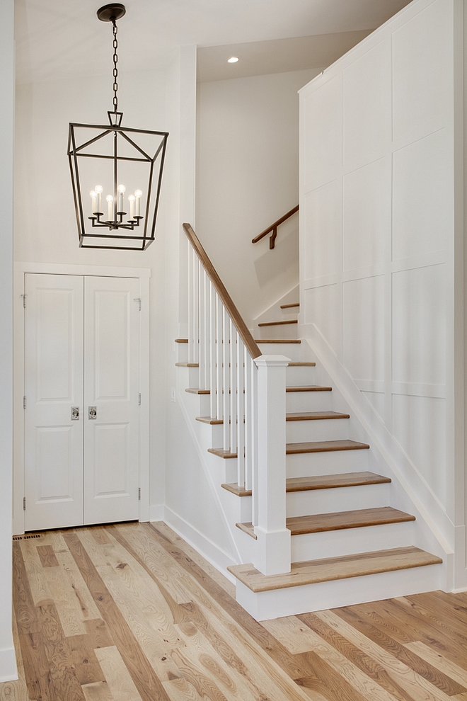 Board and Batten Grid Wainscoting Board and Batten Grid in Benjamin Moore OC-17 White Dove and Hickory Hardwood Flooring Board and Batten Grid Board and Batten Grid #BoardandBattenGrid #BoardandBattenGrid #BoardandBattenGridwall #DIYBoardandBattenGrid