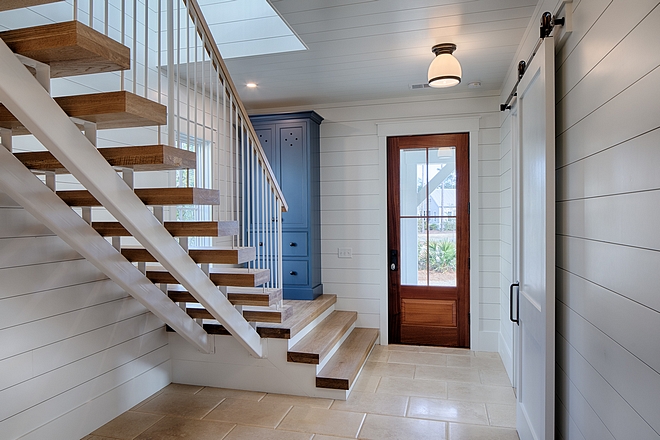 Small Foyer Small foyer with floating staircase shiplap and built in cabinet Small foyer with floating staircase shiplap and built in cabinet #Smallfoyer #floatingstaircase #shiplap #builtincabinet #smallspaces