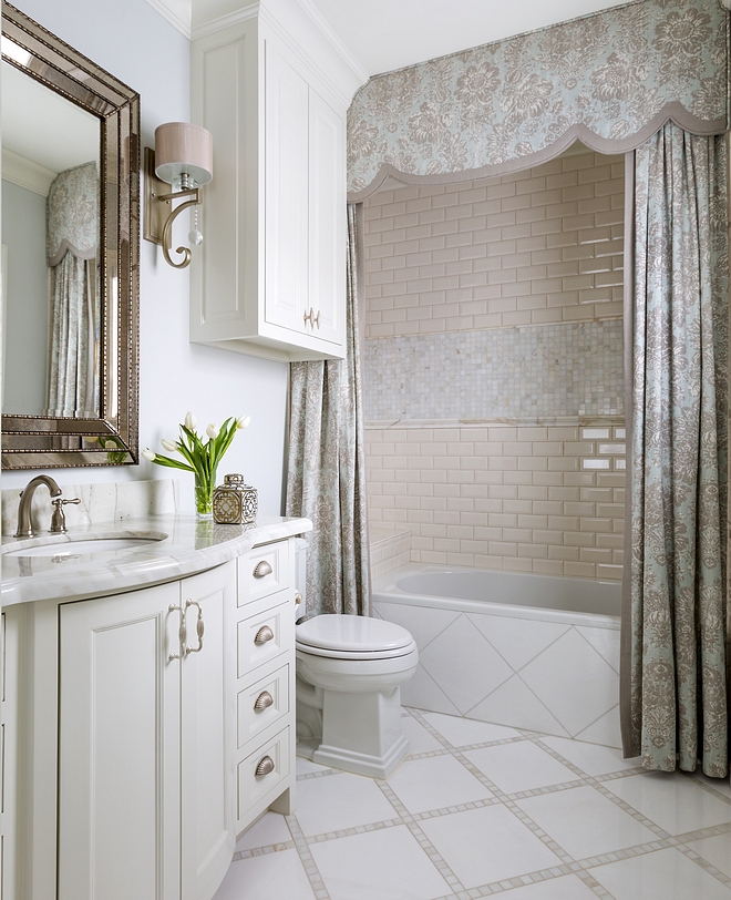 Traditional Bathroom Traditional Bathroom cabinet paint color Sherwin Williams Alabaster with pale blue walls Traditional Bathroom Ideas Traditional Bathroom Vanity Traditional Bathroom #TraditionalBathroom