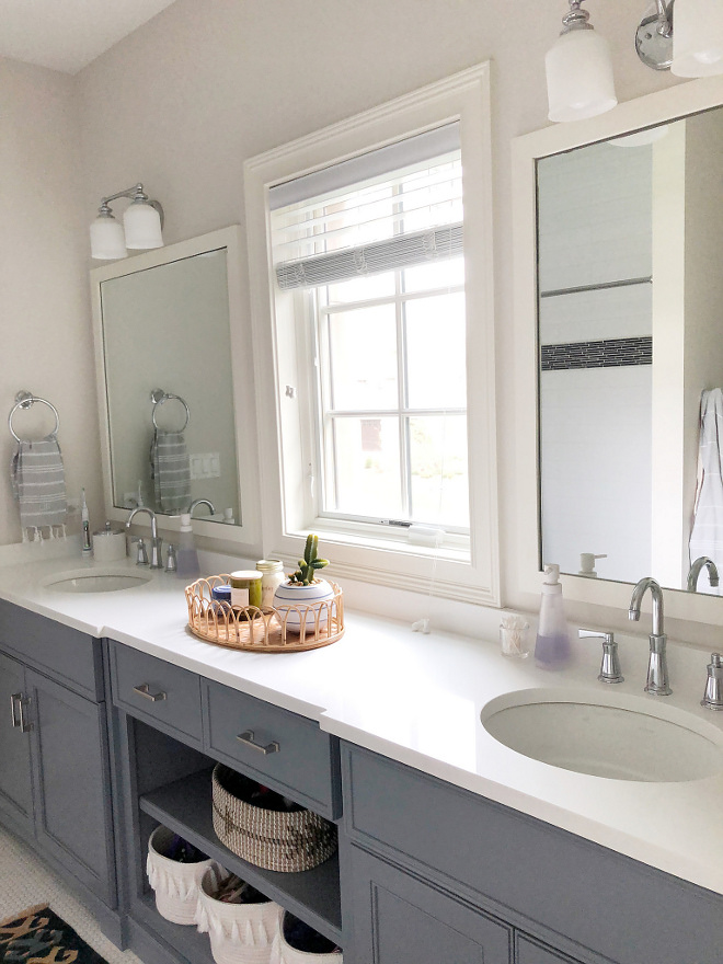 Dark grey bathroom cabinet with white quartz countertop #whitequartz #countertop #bathroomcountertop #quartzbathroom