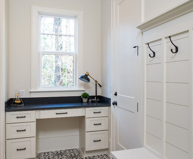 Drop Zone paint color Benjamin Moore Dove Wing Drop Zone paint color Benjamin Moore Dove Wing This drop zone includes a small desk space for a home management center, menu planning space #DropZone #paintcolor #BenjaminMooreDoveWing