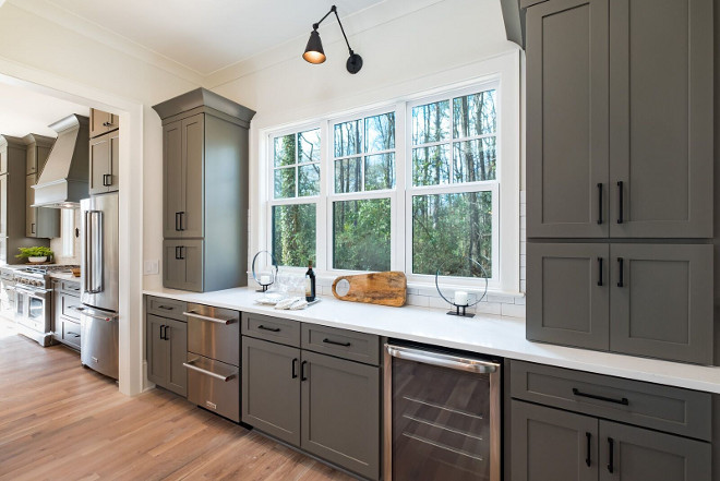 Grey Kitchen opens to grey butlers pantry same color on both kitchen and butlers pantry for a seamless look #greykitchen #greybutlerspantry #greycabinet