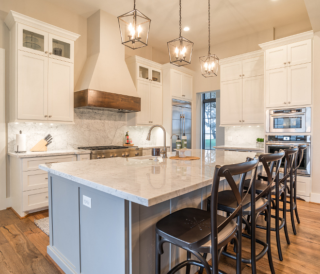 Sherwin Williams Dorian Gray SW 7017 Grey kitchen island with white marble countertop Sherwin Williams Dorian Gray SW 7017 This is actually one of my favorite grey paint colors for cabinetry #Sherwin WilliamsDorianGray #Sherwin WilliamsDorianGraySW7017