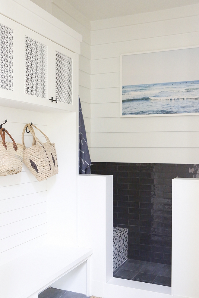 Mudroom Pet Shower We added a “doggie shower” which we use to rinse off when we come home from the beach With two kids, this little shower is a huge blessing #Mudroom #PetShower