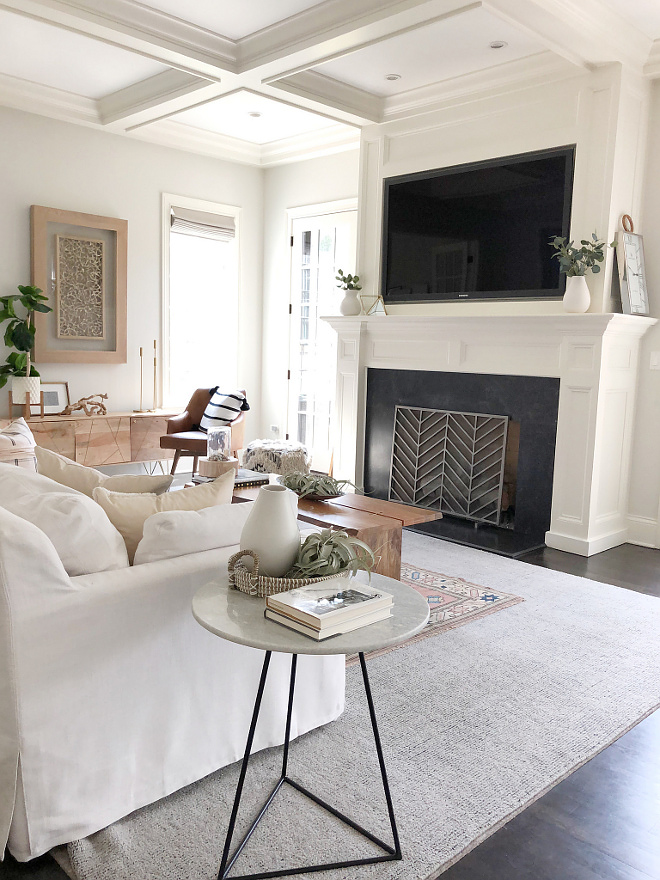 Leathered Black Granite Fireplace Living room with white walls white trim white coffered ceiling and Leathered Black Granite Fireplace #LeatheredBlackGranite #Fireplace