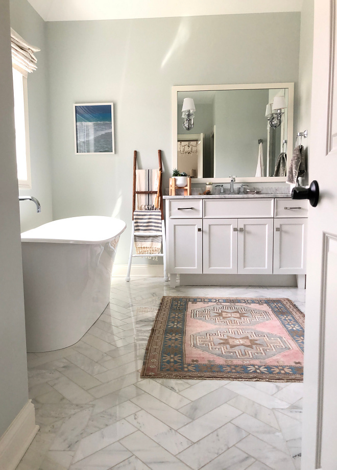 Marble Herringbone Tile Bathroom Marble Herringbone Tile Bathroom flooring is Carrara marble tile set in a herringbone pattern Bathroom Marble Herringbone Tile #Bathroom #MarbleHerringboneTile