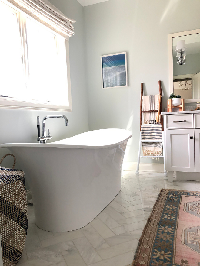 Tub is Victoria and Albert Tub Victoria and Albert. We splurged on this tub because it keeps the water warm for a long time because it is made out of volcanic rock #soakingtub #freestandingtub