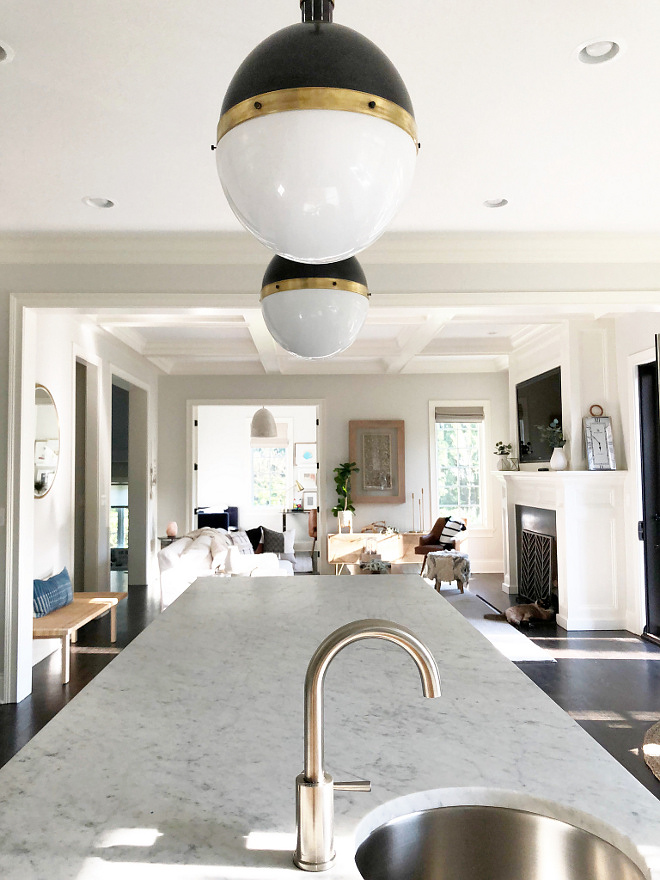 White Marble Kitchen Island with Prep-Sink and modern brushed brass faucet Kitchen Prep-Sink and modern brushed brass faucet #PrepSink #modernbrushedbrassfaucet #brushedbrassfaucet #kitchenbrushedbrassfaucet