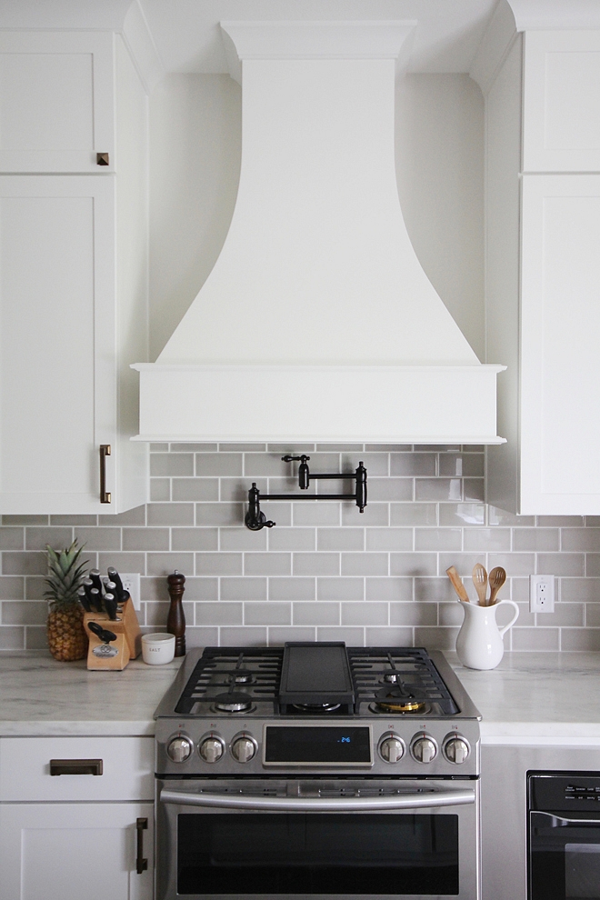 Curved Kitchen Hood White kitchen with Curved Kitchen Hood and grey subway tile Curved Kitchen Hood #CurvedKitchenHood #KitchenHood