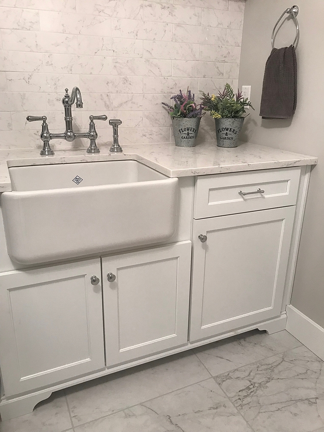 Laundry room sink Laundry room faucet laundry room farmhouse sink We chose a Perrin and Rowe Bridge Kitchen Faucet with Sidespray in polished chrome and a Shaws Apron Front Sink for an industrial feel #laundryroom #sink #farmhousesink #faucet