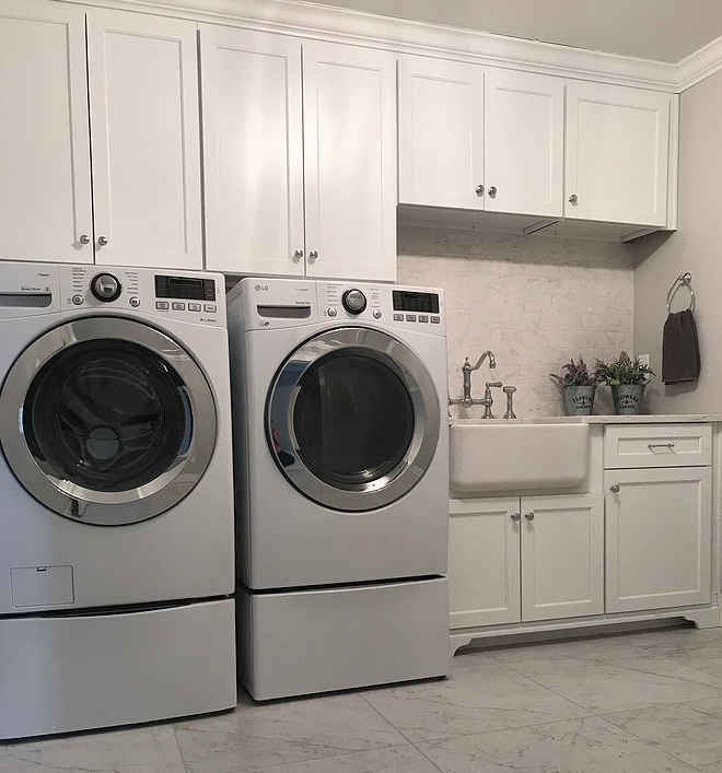 White Laundry room shaker style cabinet and 24x24 white marble floor tile White Laundry room shaker style cabinet White Laundry room shaker style cabinet Ideas #WhiteLaundryroom #Laundryroom #shakerstylecabinet