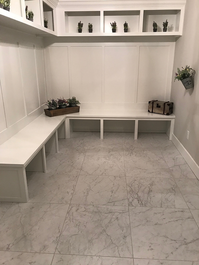 Extra White by Sherwin Williams White mudroom painted in Extra White by Sherwin Williams The mudroom features a custom bench and cubbies Extra White by Sherwin Williams #ExtraWhitebySherwinWilliams