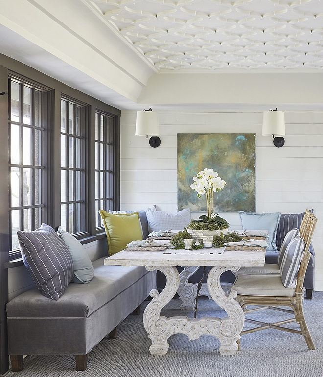 Breakfast Room Ceiling The Breakfast Room offers a custom banquette, custom ceiling applique and views of the courtyard Breakfast Room Ceiling Breakfast Room Ceiling #BreakfastRoom #Ceiling